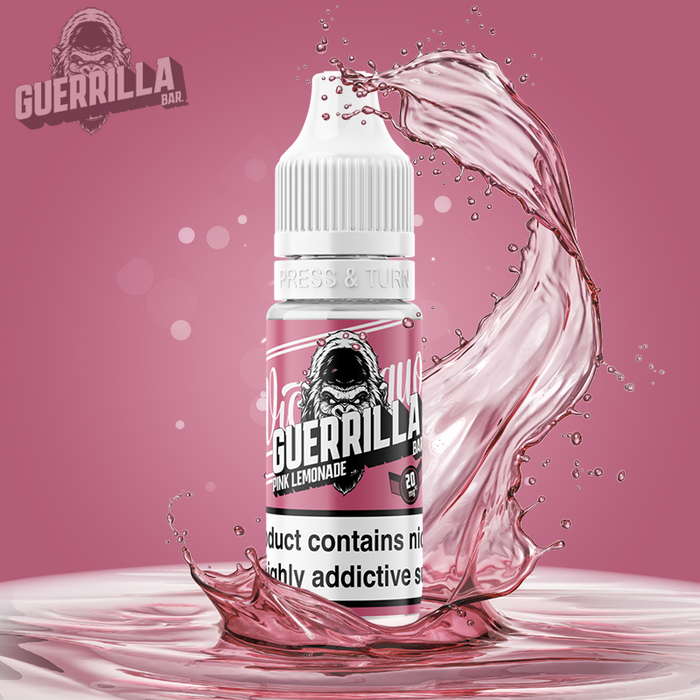 Guerrilla Bar Nic salts bottle in pink with gorilla bar text in bold and vicious gorilla head on the front
