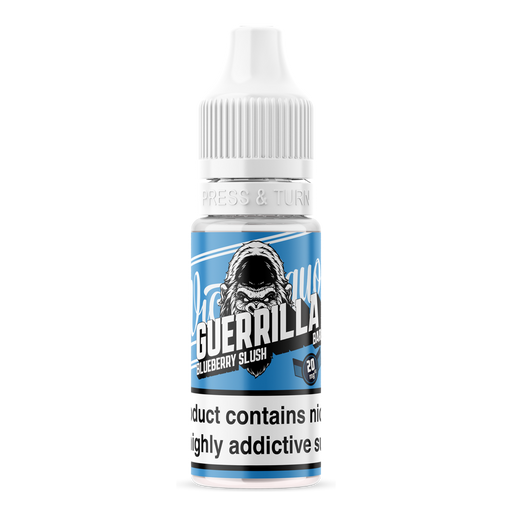Guerrilla Bar Nic salts bottle with white cap and bold blue gorilla design and bold guerrilla text.