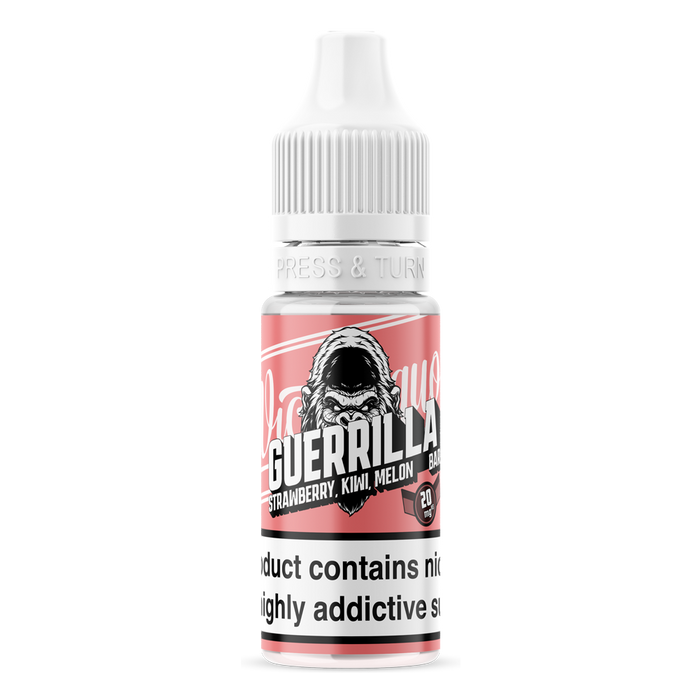 Guerrilla Bar Nic salts 10ml botle in pink with block bold guerrilla bar text and an angry gorilla on front in a stencil style design