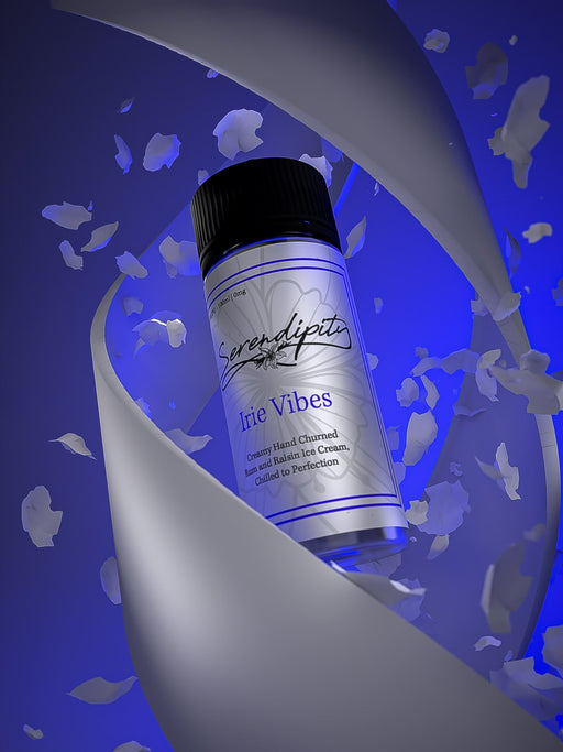 Serendipity Irie Vibes Eliquid bottle in a fun high definition render with wrap around graphics displaying classy calligraphy style text with blue details and highlights all on a grey background. 