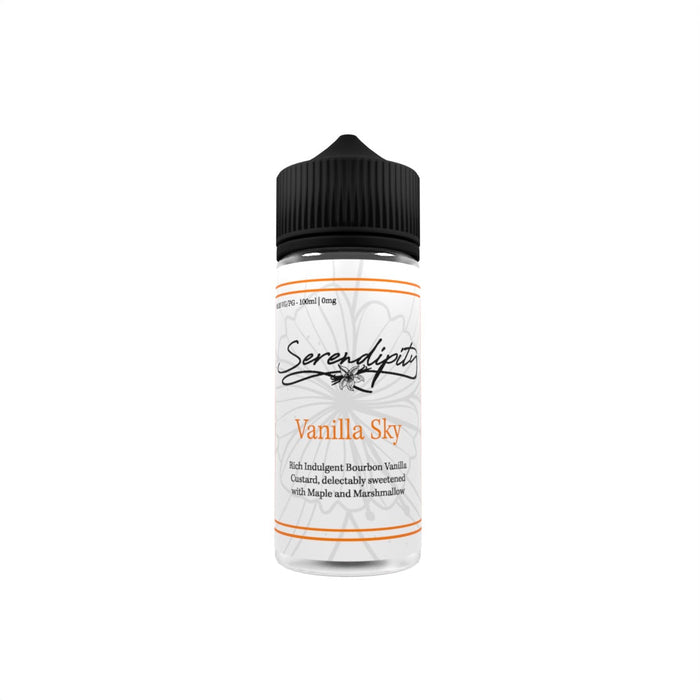 high definition photo of Serendipity Vanilla Sky Eliquid bottle, displaying classy calligraphy style text with orange highlights 