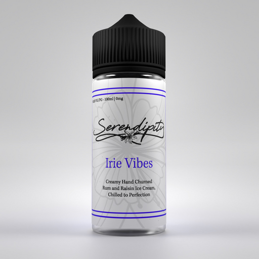 Serendipity Irie Vibes Eliquid bottle in hight definition render displaying classy calligraphy style text with blue details and highlights all on a grey background. 
