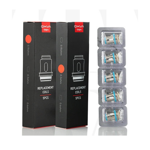 Pack of OXVA Unipro Replacement Coils in blister packaging, with matte black and red outer box with OXVA branding
