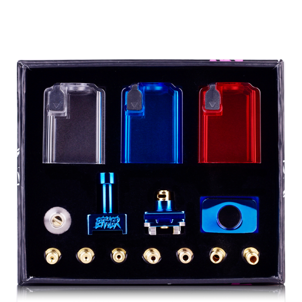 Ether Boro RBA Kit By Suicide Mods in display box with royal blue, red and black tanks
