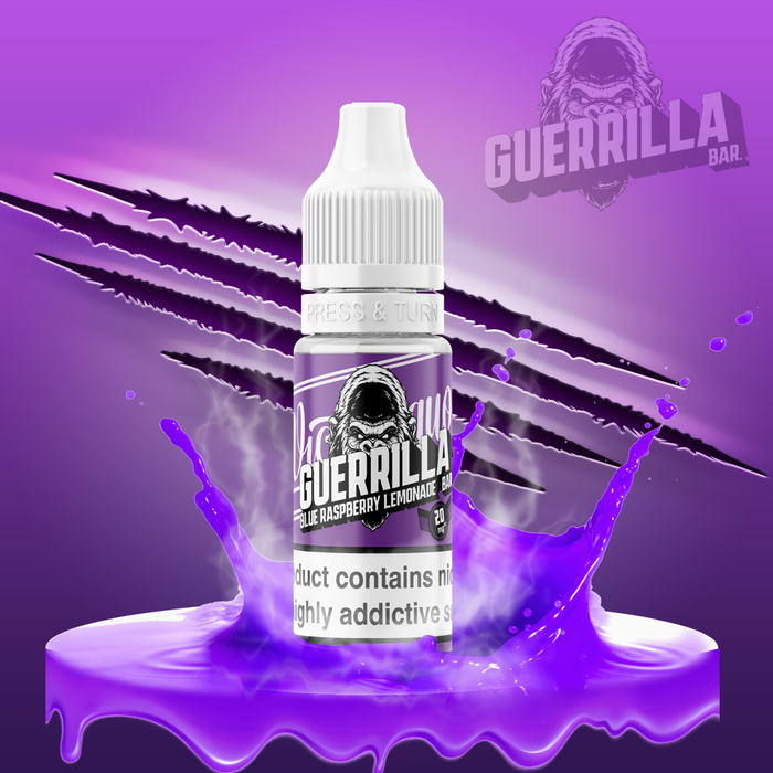 a fun image with bottle of Guerrilla Bar Nic salts in deep purple with vicious gorilla and slash marks 