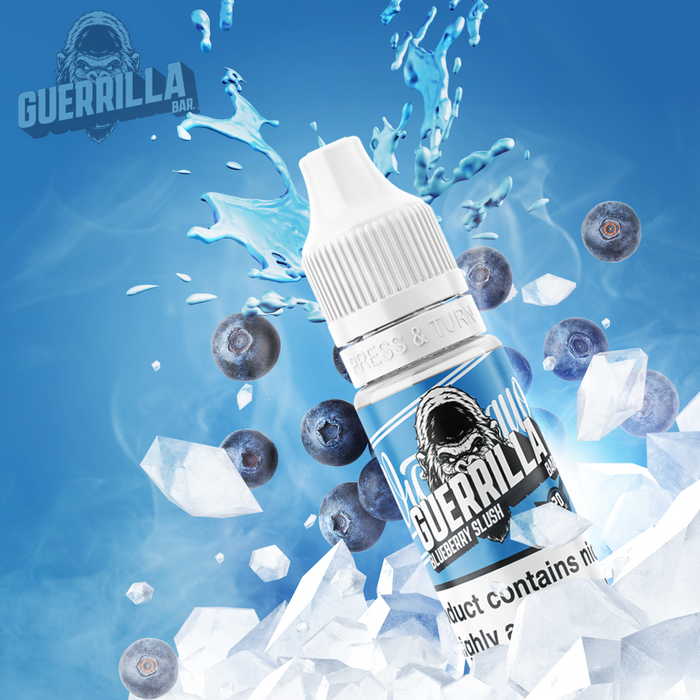 Guerrilla Bar Nic salts bottle in bright blue with blueberry's in the background and bold guerrilla bar text.  