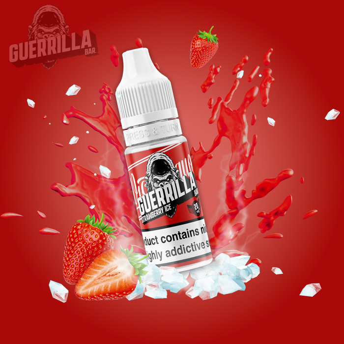Guerrilla Bar Nic salts bottle with bold guerrilla bar text and angry gorilla on the front, fun exploding strawberrys in the background