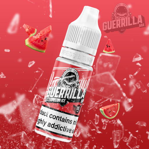 a fun image of Guerrilla Bar Nic salts with falling fruit in the background. vibrant red with angry gorilla and bold guerrilla text on the front.