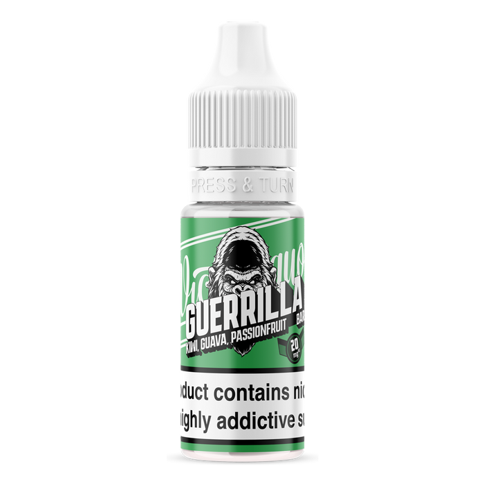 Guerrilla Bar Nic salts 10ml in bright green with stencil style gorilla head on front with bold stand out guerrilla bar text on front. 