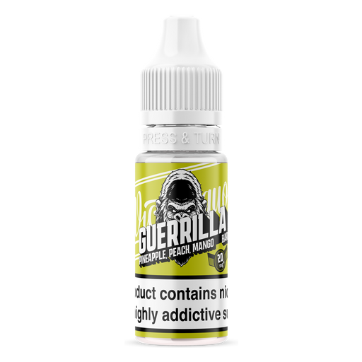 Guerrilla Bar Nic salts bottle in fluorescent yellow with bold guerrilla bar text and angry gorilla head on front. 
