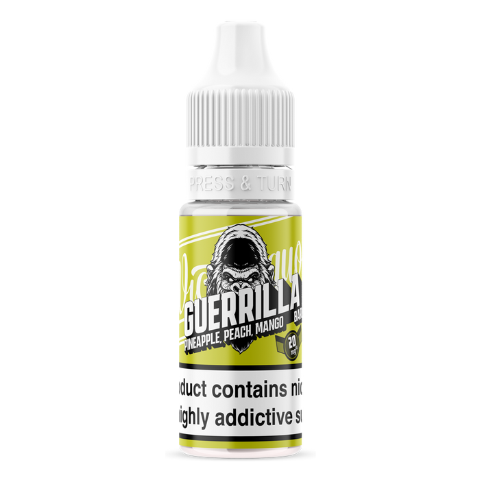 Guerrilla Bar Nic salts bottle in fluorescent yellow with bold guerrilla bar text and angry gorilla head on front. 