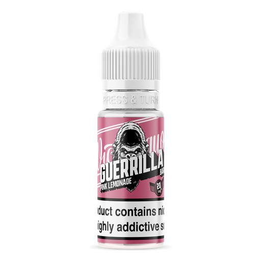 Guerrilla Bar Nic salts bottle in pink with angry gorilla on the front holding bold guerilla text in its mouth