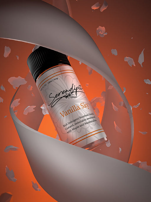 high definition fun render of Serendipity Vanilla Sky Eliquid bottle, displaying classy calligraphy style text with orange highlights and a wrap around effect. 