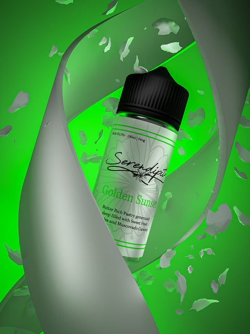 Serendipity Golden Sunset Eliquid bottle in a fun high definition render with wrap around spiral graphics, displaying a calligraphy style text with green details and highlights. 