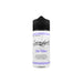 Serendipity Irie Vibes Eliquid bottle in a fun high definition photograph displaying classy calligraphy style text with blue details and highlights all on a grey background. 
