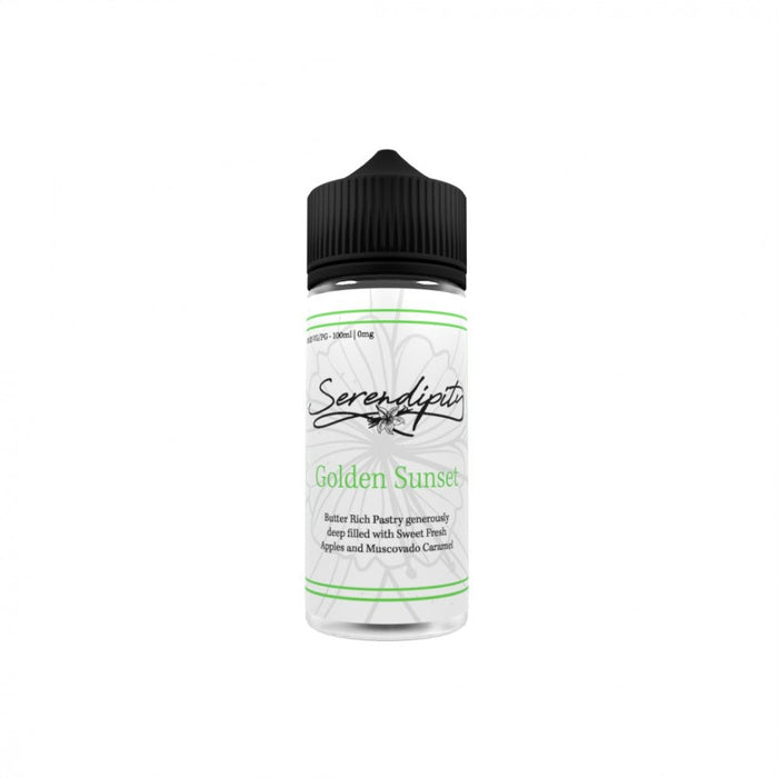 Serendipity Golden Sunset Eliquid bottle in high definition photograph displaying a calligraphy style text with green details and highlights. 