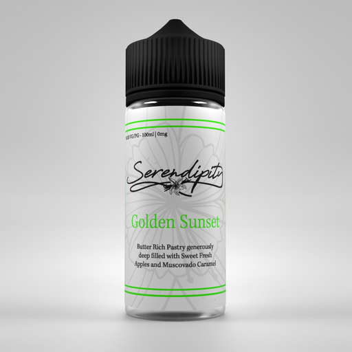 Serendipity Golden Sunset Eliquid bottle in high definition render displaying a calligraphy style text with green details and highlights. 
