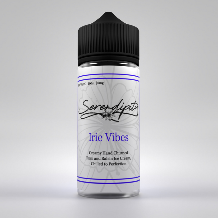 Serendipity Irie Vibes Eliquid bottle in hight definition render displaying classy calligraphy style text with blue details and highlights all on a grey background. 