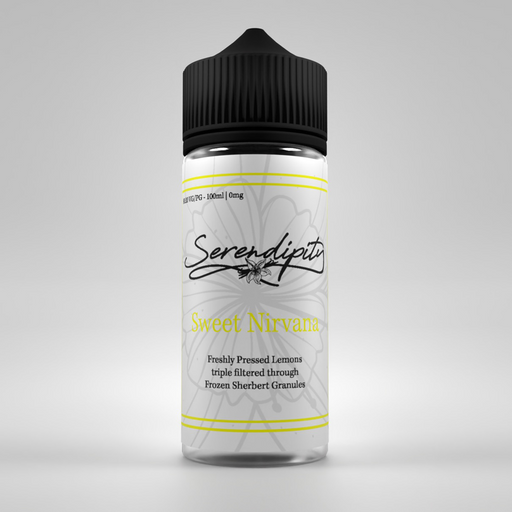 high definition render of Serendipity Sweet Nirvana Eliquid bottle with classy calligraphy style font and yellow highlights around the bottle.  