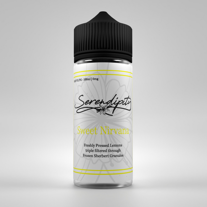 high definition render of Serendipity Sweet Nirvana Eliquid bottle with classy calligraphy style font and yellow highlights around the bottle.  