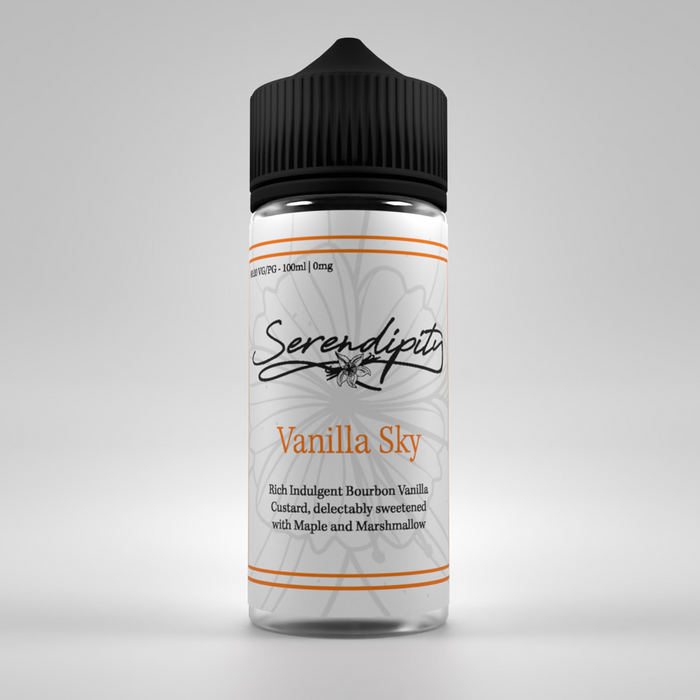 high definition render of Serendipity Vanilla Sky Eliquid bottle, displaying classy calligraphy style text with orange highlights 