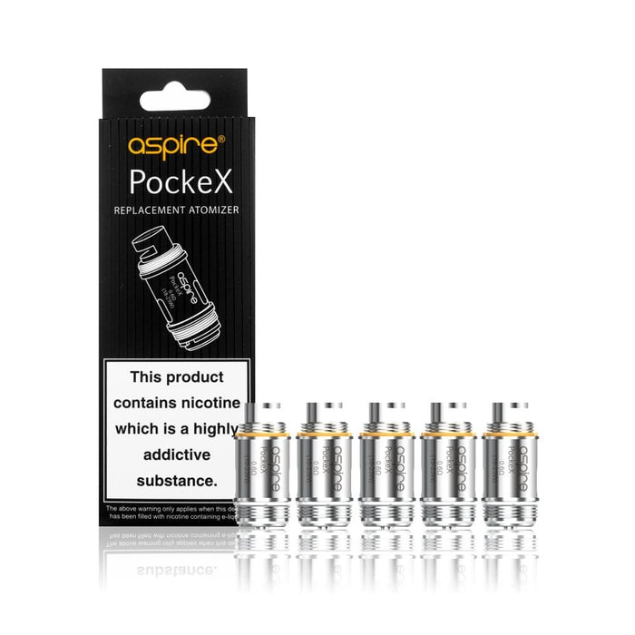 Box of Aspire PockeX coils standing up with staless steel coils placed next to it. 