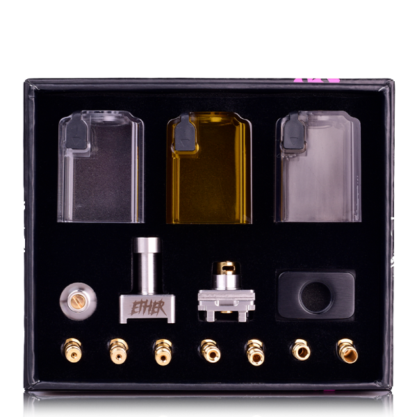 Ether Boro RBA Kit By Suicide Mods display box with dark purple tanks