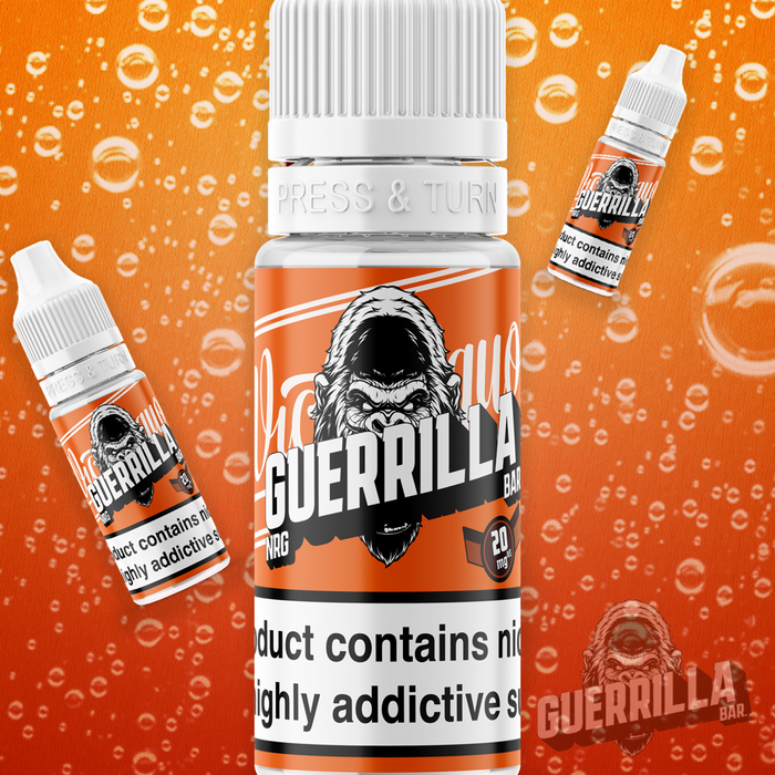 fun image of Guerrilla Bar Nic salts bottle orange in colour